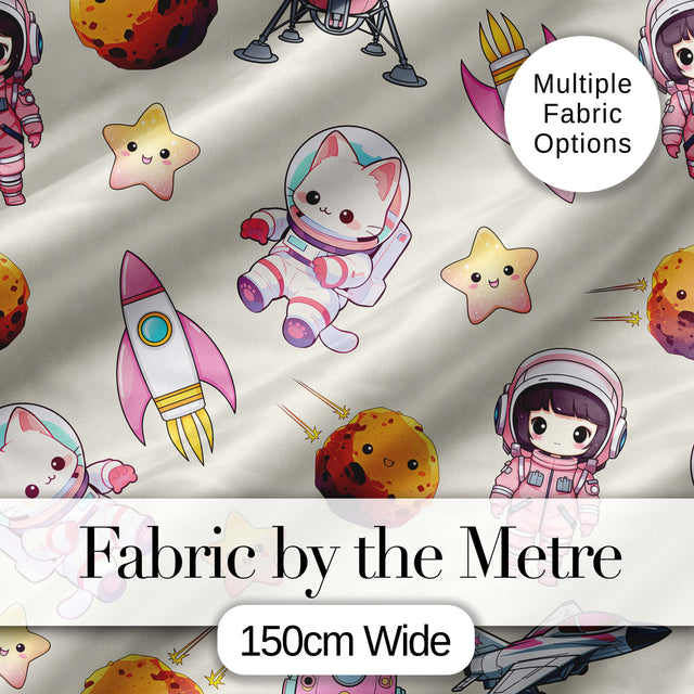 Space Cat Astronaut Girl Rockets Stars Seamless  Cream Background Digital Print Fabric by the Metre UK Sewing Quilting Textile