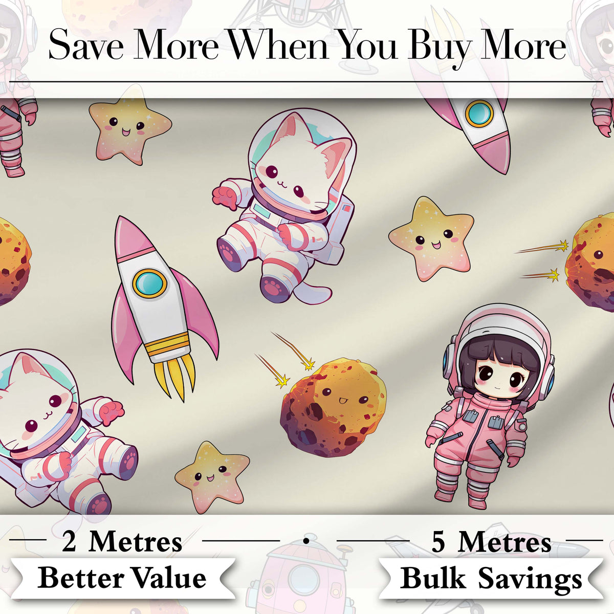 Space Cat Astronaut Girl Rockets Stars Seamless  Cream Background Digital Print Fabric by the Metre UK Sewing Quilting Textile