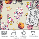 Space Cat Astronaut Girl Rockets Stars Seamless  Cream Background Digital Print Fabric by the Metre UK Sewing Quilting Textile