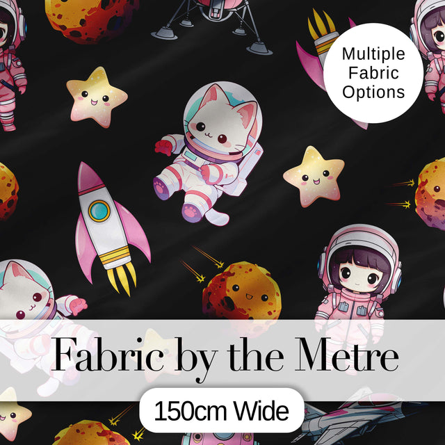 Space Cat Astronaut Girl Rockets Stars Seamless  Black Background Digital Print Fabric by the Metre UK Sewing Quilting Textile