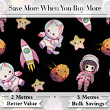 Space Cat Astronaut Girl Rockets Stars Seamless  Black Background Digital Print Fabric by the Metre UK Sewing Quilting Textile