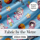 Space Cat Astronaut Girl Rockets Stars Seamless  Blue Background Digital Print Fabric by the Metre UK Sewing Quilting Textile