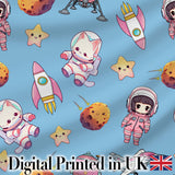Space Cat Astronaut Girl Rockets Stars Seamless  Blue Background Digital Print Fabric by the Metre UK Sewing Quilting Textile