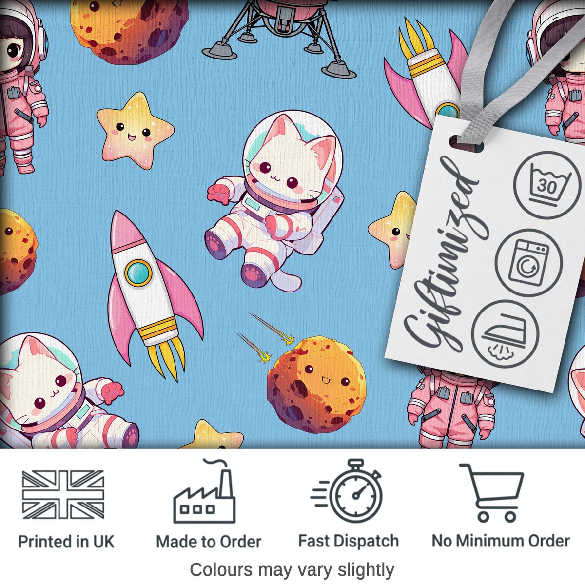 Space Cat Astronaut Girl Rockets Stars Seamless  Blue Background Digital Print Fabric by the Metre UK Sewing Quilting Textile