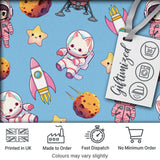 Space Cat Astronaut Girl Rockets Stars Seamless  Blue Background Digital Print Fabric by the Metre UK Sewing Quilting Textile