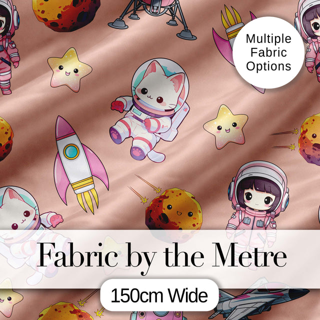 Space Cat Astronaut Girl Rockets Stars Seamless  Peach Background Digital Print Fabric by the Metre UK Sewing Quilting Textile