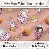 Space Cat Astronaut Girl Rockets Stars Seamless  Peach Background Digital Print Fabric by the Metre UK Sewing Quilting Textile