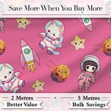 Space Cat Astronaut Girl Rockets Stars Seamless  Pink Background Digital Print Fabric by the Metre UK Sewing Quilting Textile
