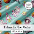 Space Cat Astronaut Girl Rockets Stars Seamless  Mint Background Digital Print Fabric by the Metre UK Sewing Quilting Textile