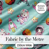 Space Cat Astronaut Girl Rockets Stars Seamless  Mint Background Digital Print Fabric by the Metre UK Sewing Quilting Textile