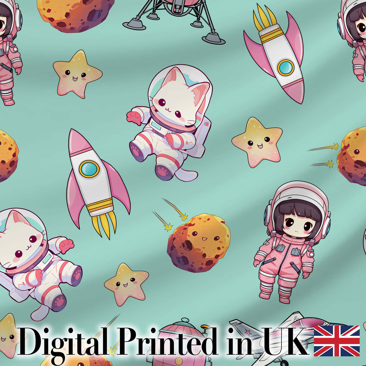 Space Cat Astronaut Girl Rockets Stars Seamless  Mint Background Digital Print Fabric by the Metre UK Sewing Quilting Textile