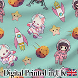 Space Cat Astronaut Girl Rockets Stars Seamless  Mint Background Digital Print Fabric by the Metre UK Sewing Quilting Textile