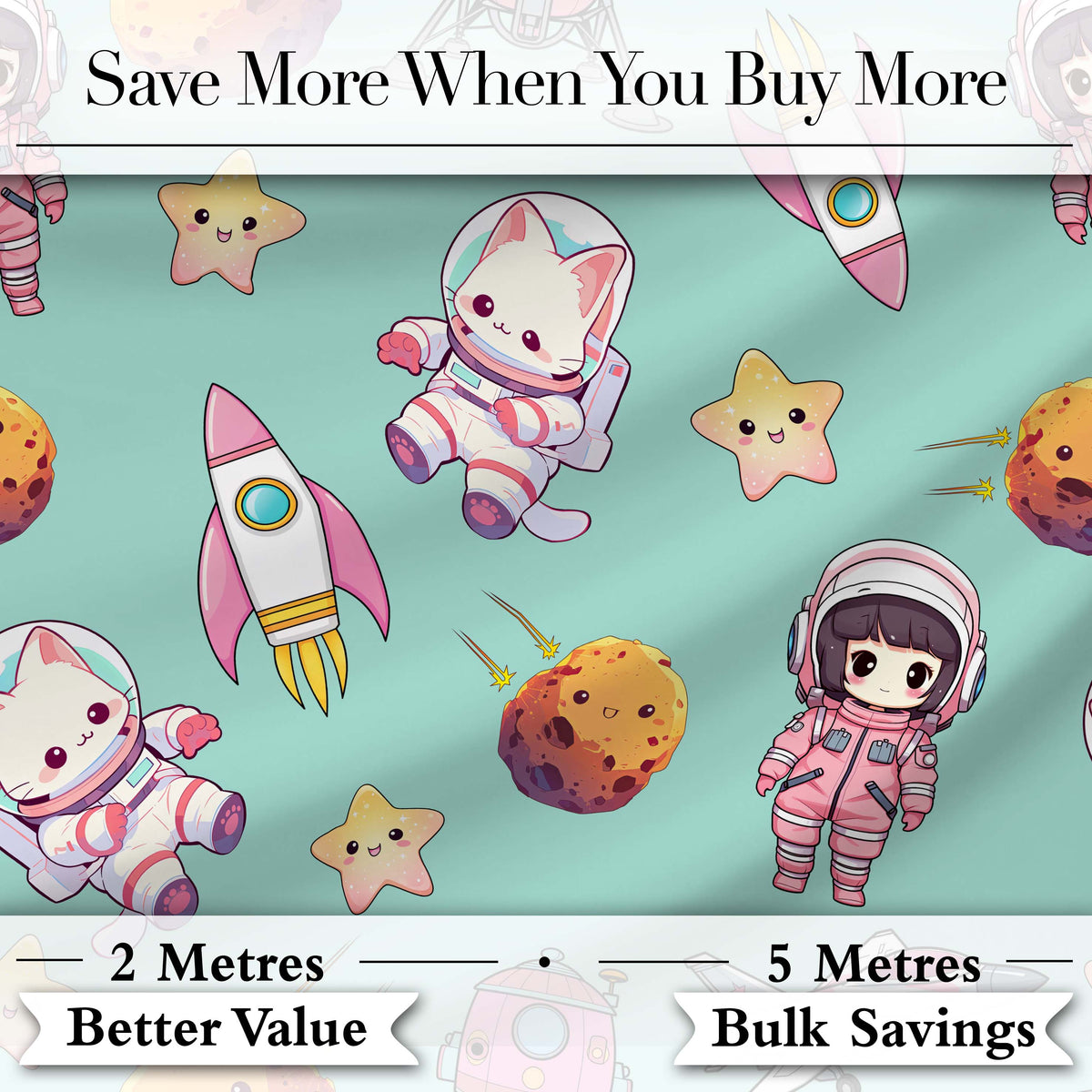 Space Cat Astronaut Girl Rockets Stars Seamless  Mint Background Digital Print Fabric by the Metre UK Sewing Quilting Textile