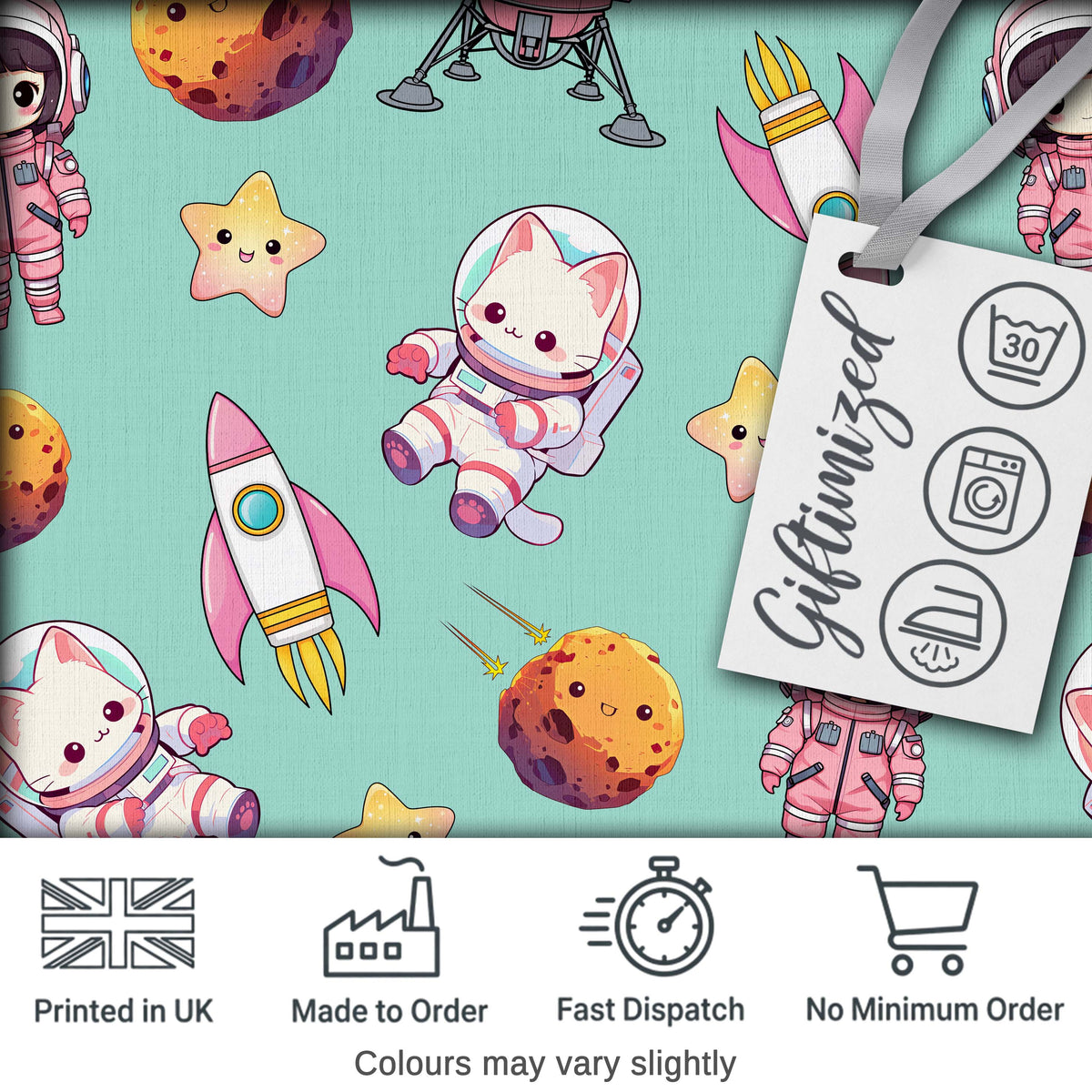 Space Cat Astronaut Girl Rockets Stars Seamless  Mint Background Digital Print Fabric by the Metre UK Sewing Quilting Textile
