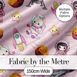 Space Cat Astronaut Girl Rockets Stars Seamless  Dusty Pink Background Digital Print Fabric by the Metre UK Sewing Quilting Textile