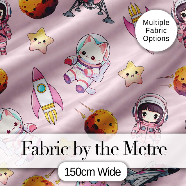 Space Cat Astronaut Girl Rockets Stars Seamless  Dusty Pink Background Digital Print Fabric by the Metre UK Sewing Quilting Textile