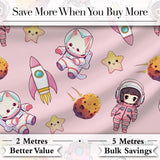 Space Cat Astronaut Girl Rockets Stars Seamless  Dusty Pink Background Digital Print Fabric by the Metre UK Sewing Quilting Textile