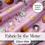 Space Cat Astronaut Girl Rockets Stars Seamless  Pink Background Digital Print Fabric by the Metre UK Sewing Quilting Textile