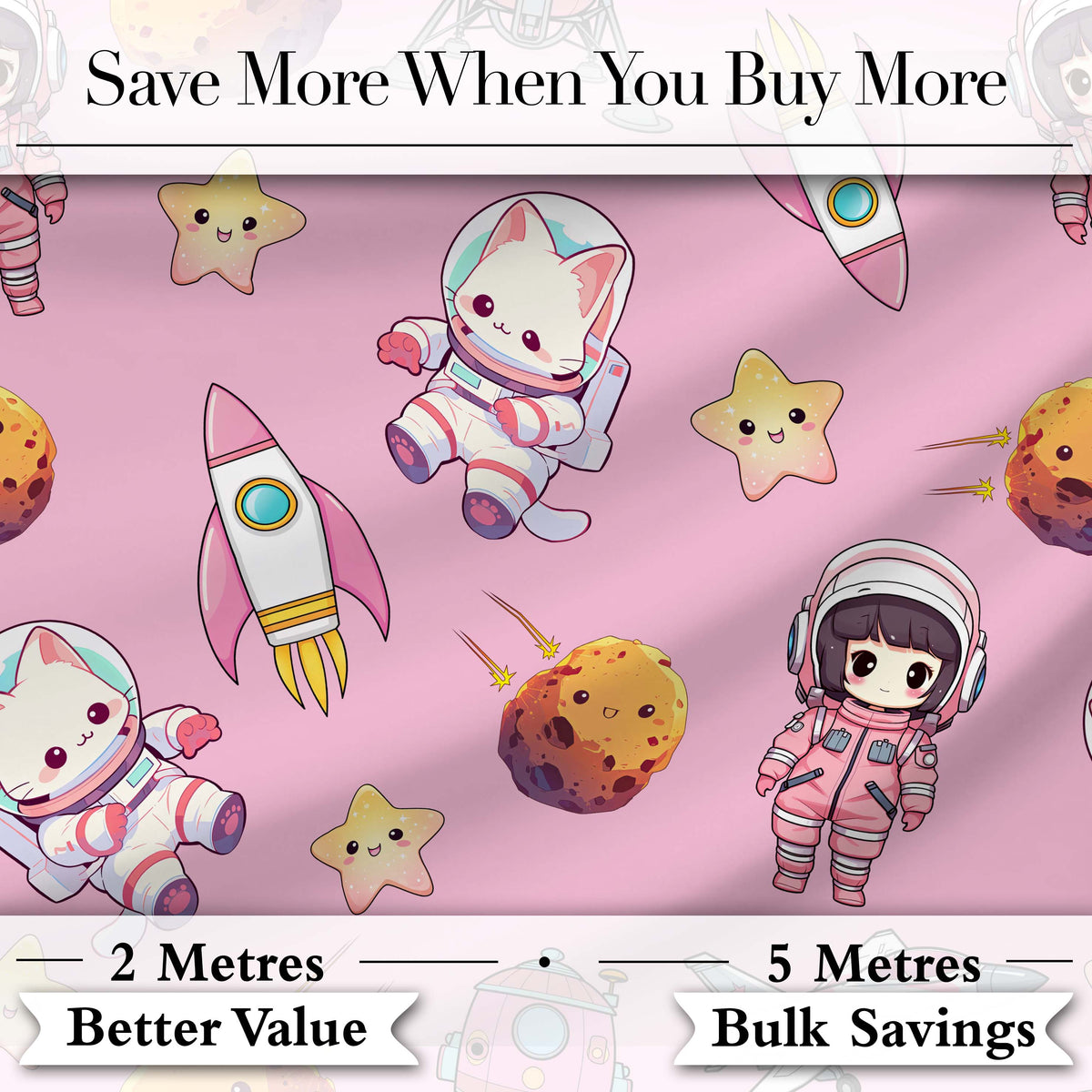 Space Cat Astronaut Girl Rockets Stars Seamless  Pink Background Digital Print Fabric by the Metre UK Sewing Quilting Textile