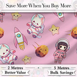 Space Cat Astronaut Girl Rockets Stars Seamless  Pink Background Digital Print Fabric by the Metre UK Sewing Quilting Textile
