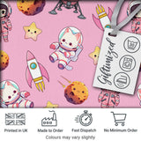 Space Cat Astronaut Girl Rockets Stars Seamless  Pink Background Digital Print Fabric by the Metre UK Sewing Quilting Textile