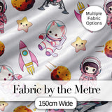 Space Cat Astronaut Girl Rockets Stars Seamless  Grey Background Digital Print Fabric by the Metre UK Sewing Quilting Textile