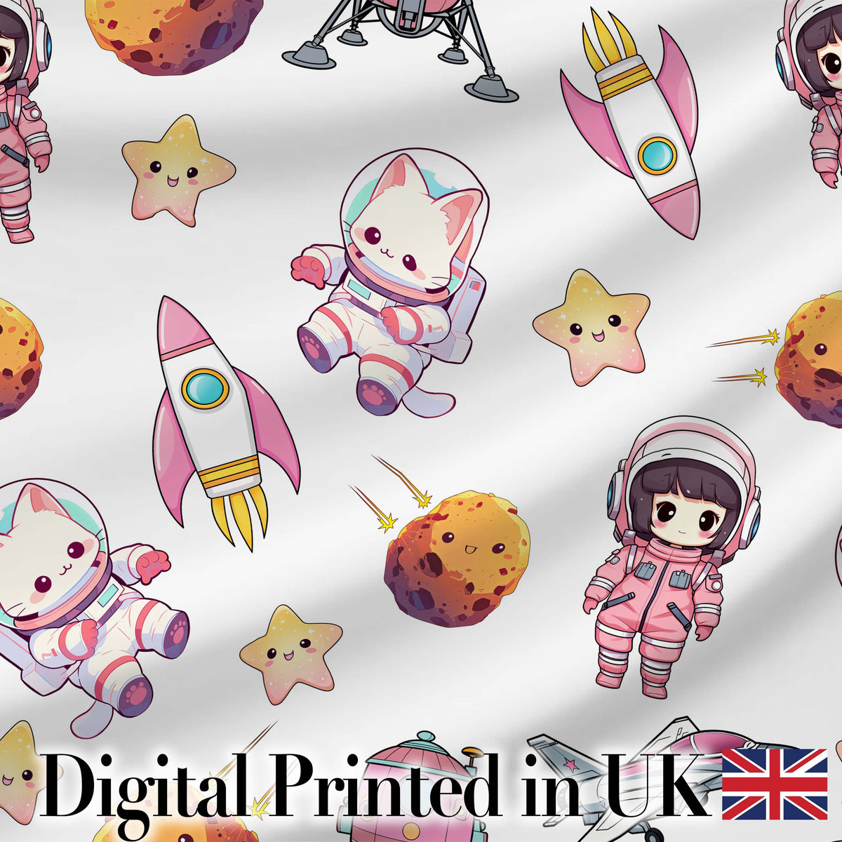 Space Cat Astronaut Girl Rockets Stars Seamless  Grey Background Digital Print Fabric by the Metre UK Sewing Quilting Textile