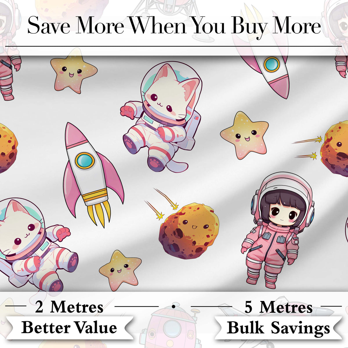 Space Cat Astronaut Girl Rockets Stars Seamless  Grey Background Digital Print Fabric by the Metre UK Sewing Quilting Textile