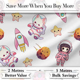 Space Cat Astronaut Girl Rockets Stars Seamless  Grey Background Digital Print Fabric by the Metre UK Sewing Quilting Textile