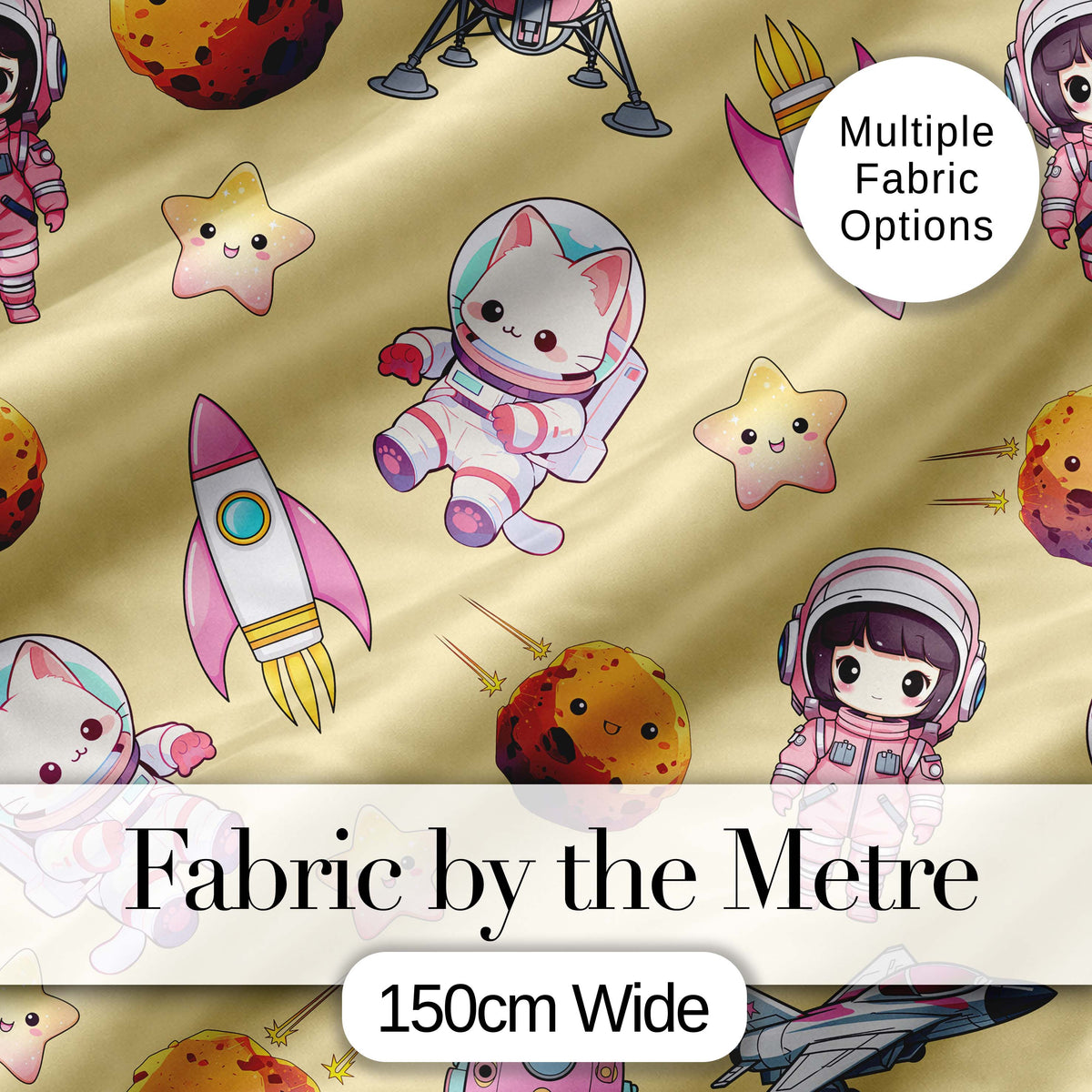 Space Cat Astronaut Girl Rockets Stars Seamless  Yellow Background Digital Print Fabric by the Metre UK Sewing Quilting Textile