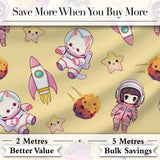 Space Cat Astronaut Girl Rockets Stars Seamless  Yellow Background Digital Print Fabric by the Metre UK Sewing Quilting Textile