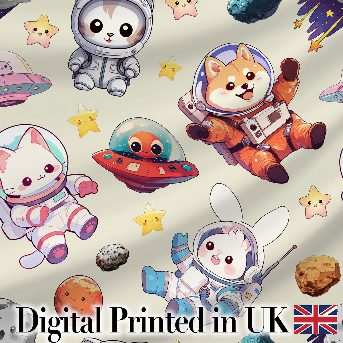 Space Animals Astronaut Dog Bunny UFO Stars Seamless  Cream Background Digital Print Fabric by the Metre UK Sewing Quilting Textile
