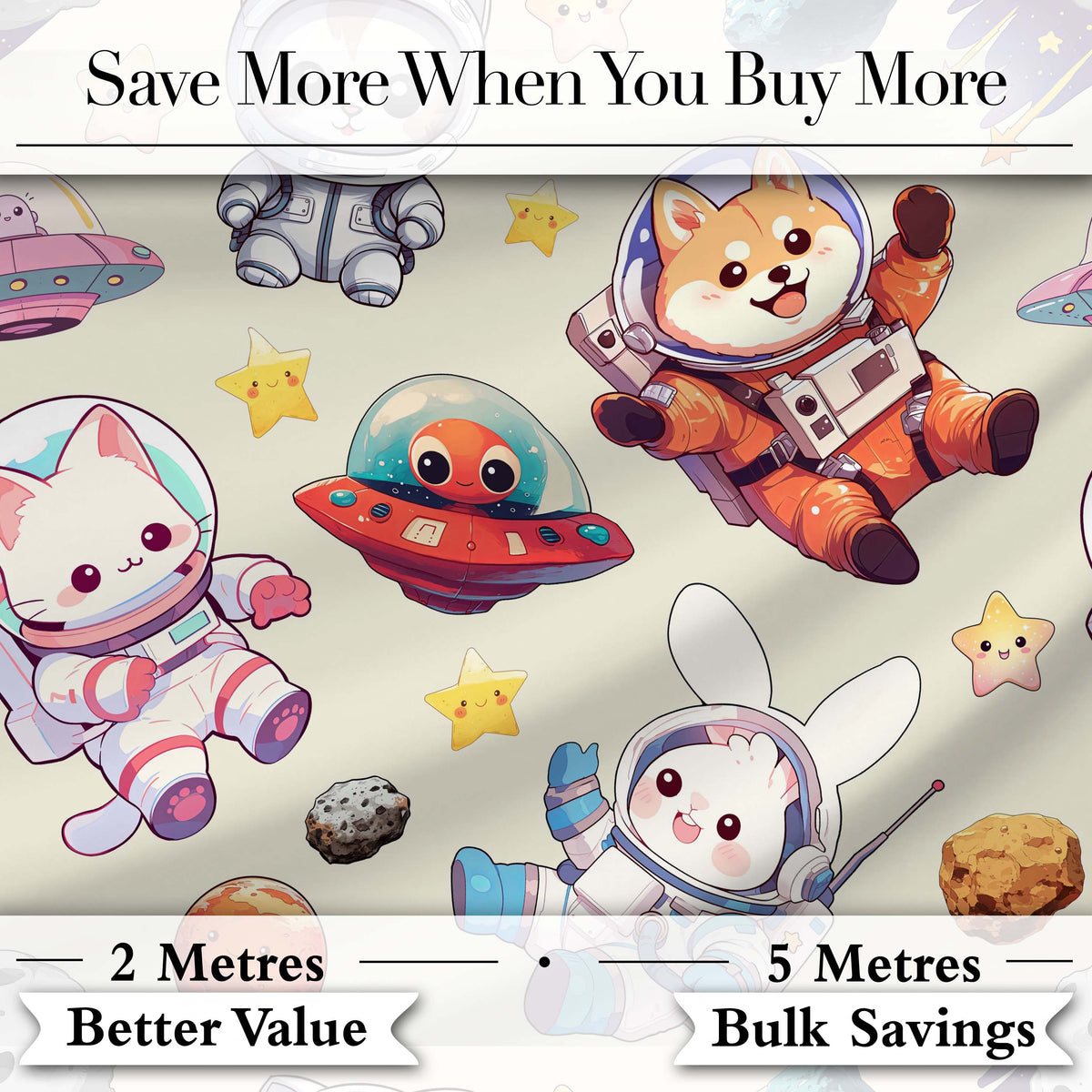 Space Animals Astronaut Dog Bunny UFO Stars Seamless  Cream Background Digital Print Fabric by the Metre UK Sewing Quilting Textile