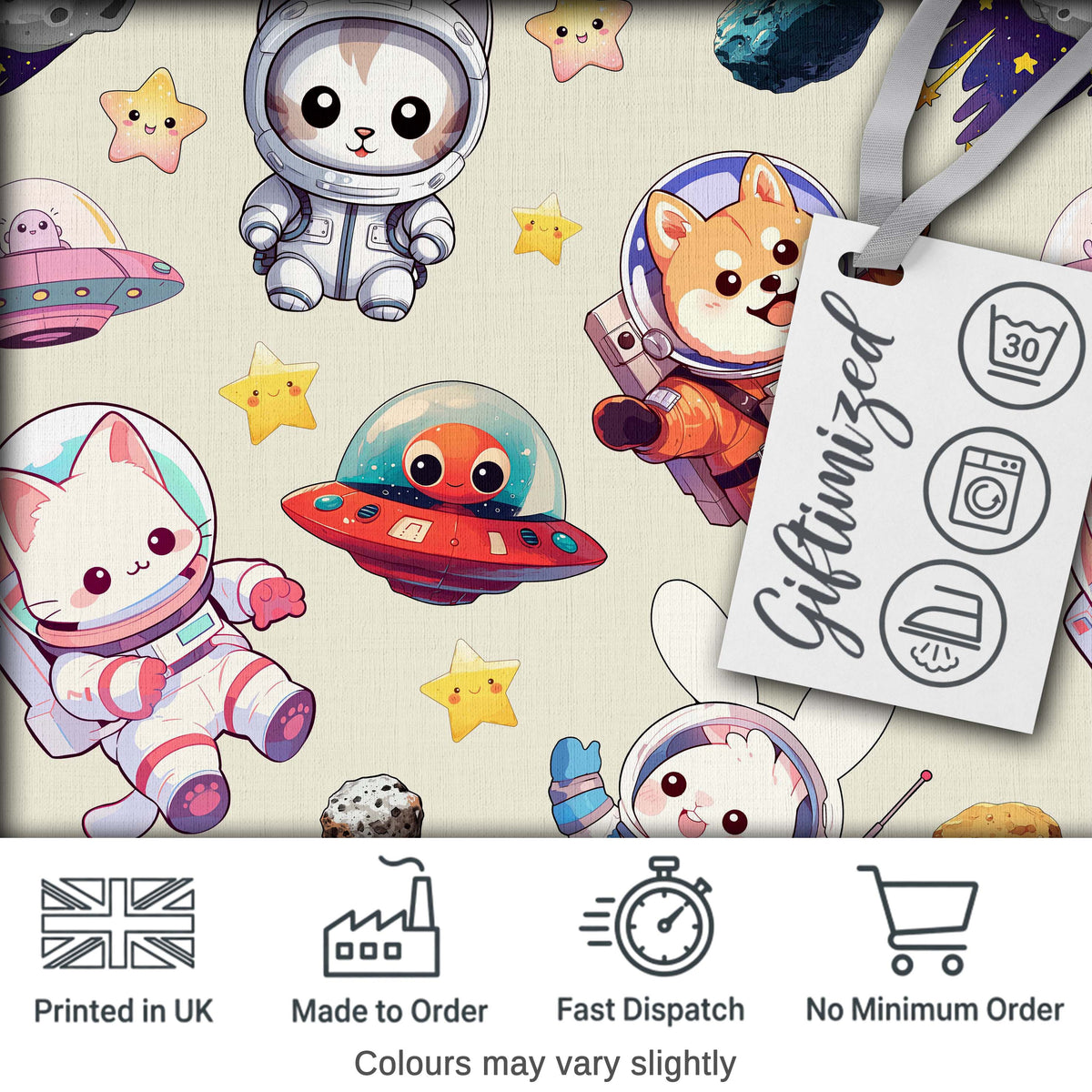 Space Animals Astronaut Dog Bunny UFO Stars Seamless  Cream Background Digital Print Fabric by the Metre UK Sewing Quilting Textile