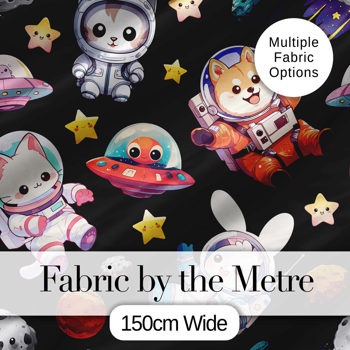 Space Animals Astronaut Dog Bunny UFO Stars Seamless  Black Background Digital Print Fabric by the Metre UK Sewing Quilting Textile