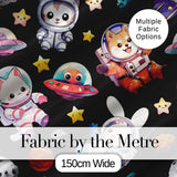 Space Animals Astronaut Dog Bunny UFO Stars Seamless  Black Background Digital Print Fabric by the Metre UK Sewing Quilting Textile