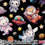 Space Animals Astronaut Dog Bunny UFO Stars Seamless  Black Background Digital Print Fabric by the Metre UK Sewing Quilting Textile