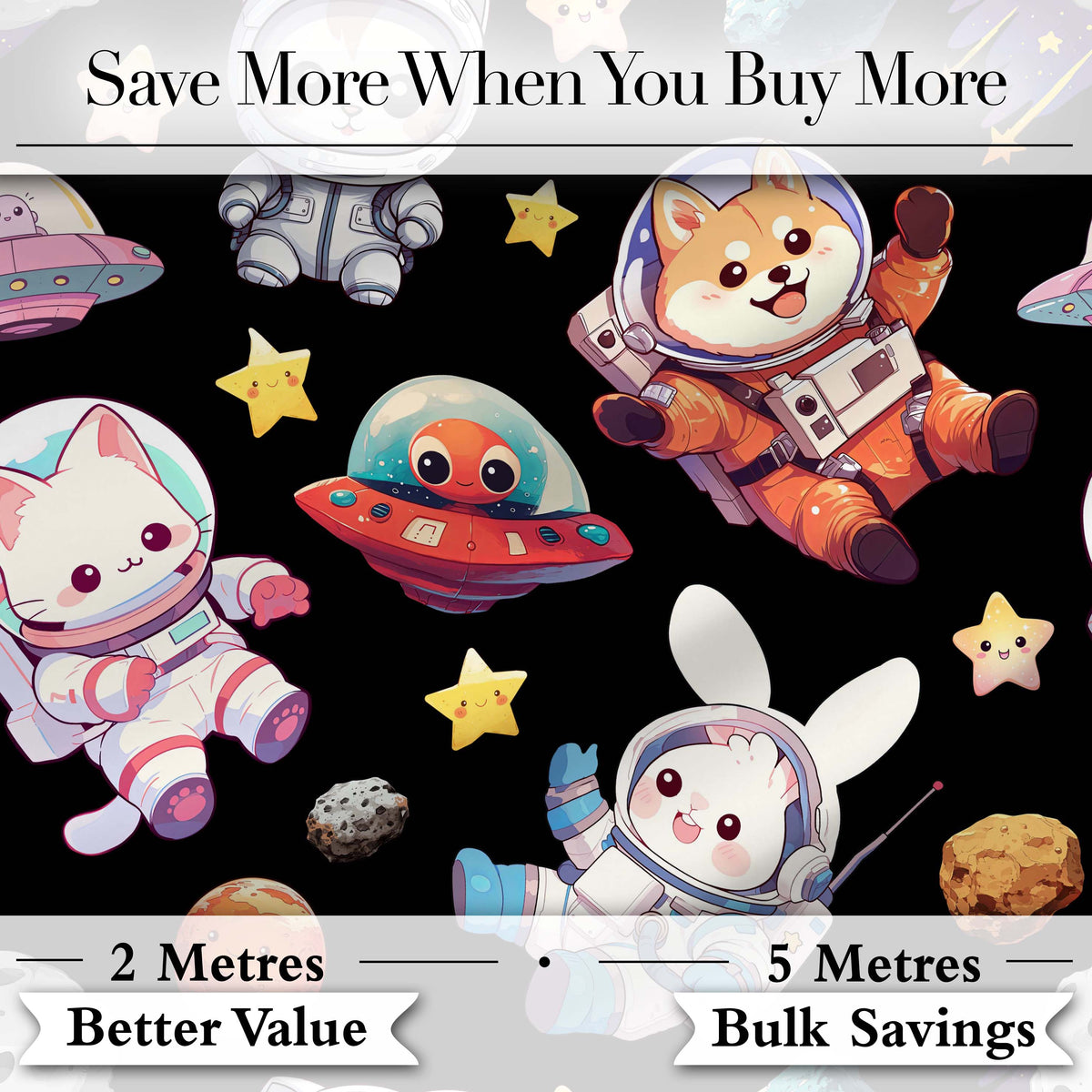 Space Animals Astronaut Dog Bunny UFO Stars Seamless  Black Background Digital Print Fabric by the Metre UK Sewing Quilting Textile