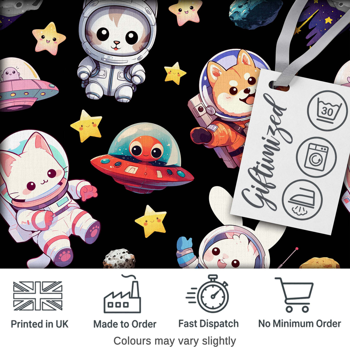 Space Animals Astronaut Dog Bunny UFO Stars Seamless  Black Background Digital Print Fabric by the Metre UK Sewing Quilting Textile