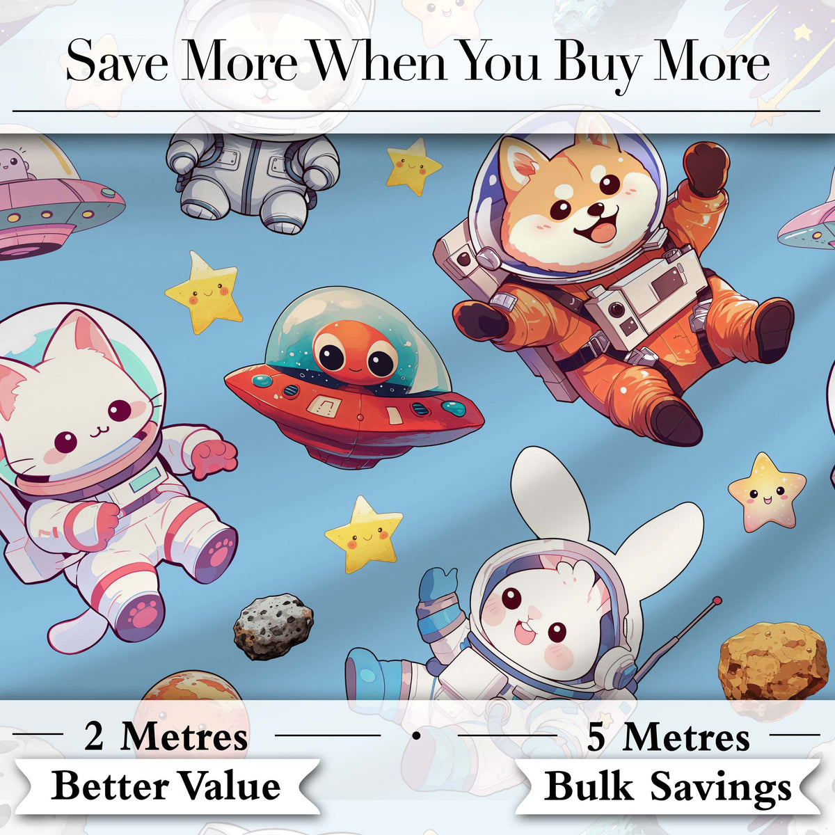 Space Animals Astronaut Dog Bunny UFO Stars Seamless  Blue Background Digital Print Fabric by the Metre UK Sewing Quilting Textile