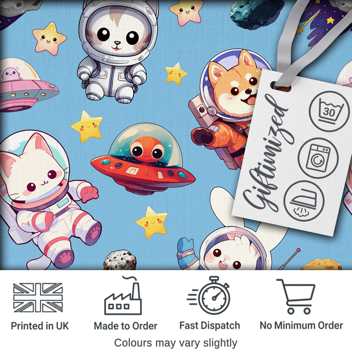 Space Animals Astronaut Dog Bunny UFO Stars Seamless  Blue Background Digital Print Fabric by the Metre UK Sewing Quilting Textile