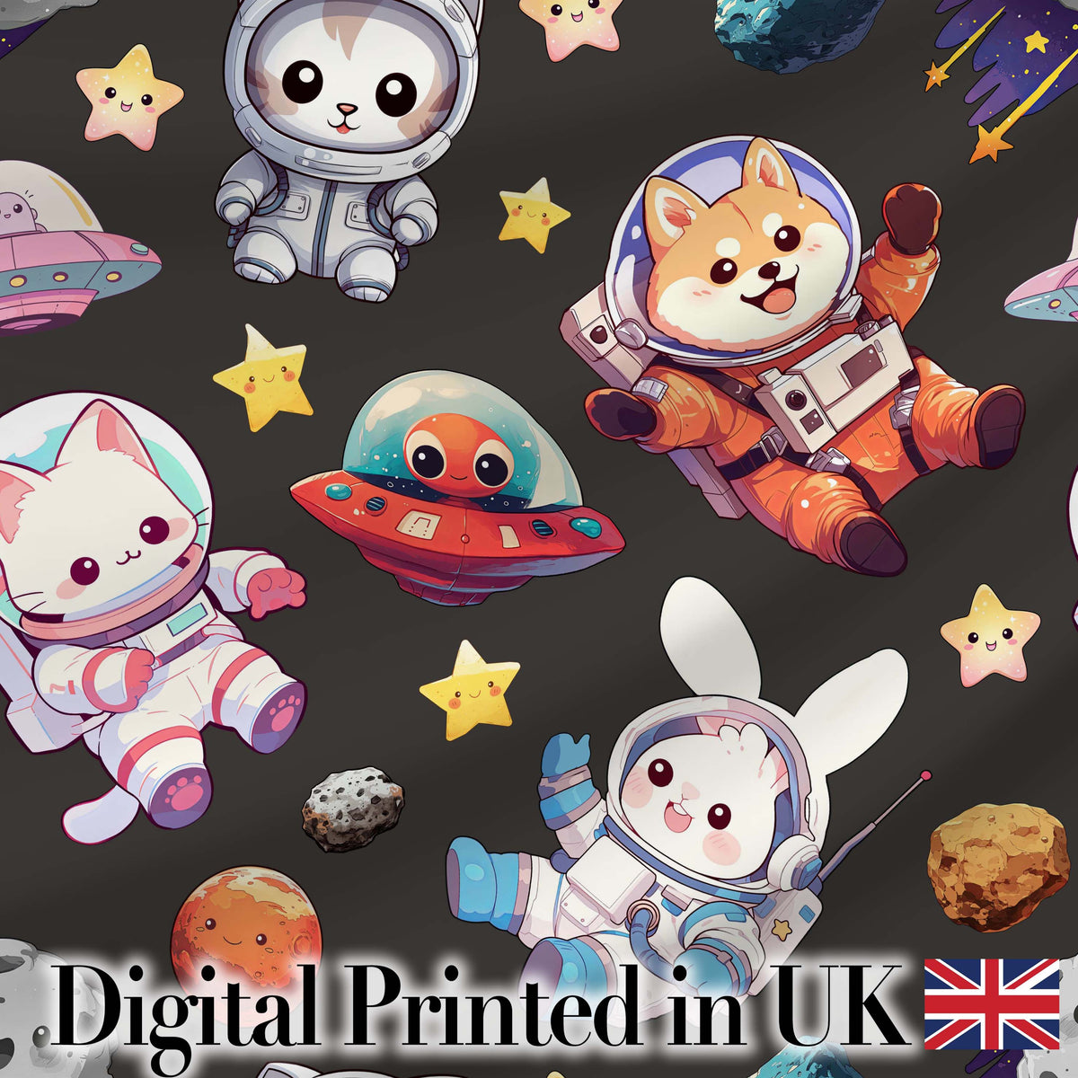 Space Animals Astronaut Dog Bunny UFO Stars Seamless  Dark Background Digital Print Fabric by the Metre UK Sewing Quilting Textile