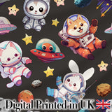 Space Animals Astronaut Dog Bunny UFO Stars Seamless  Dark Background Digital Print Fabric by the Metre UK Sewing Quilting Textile