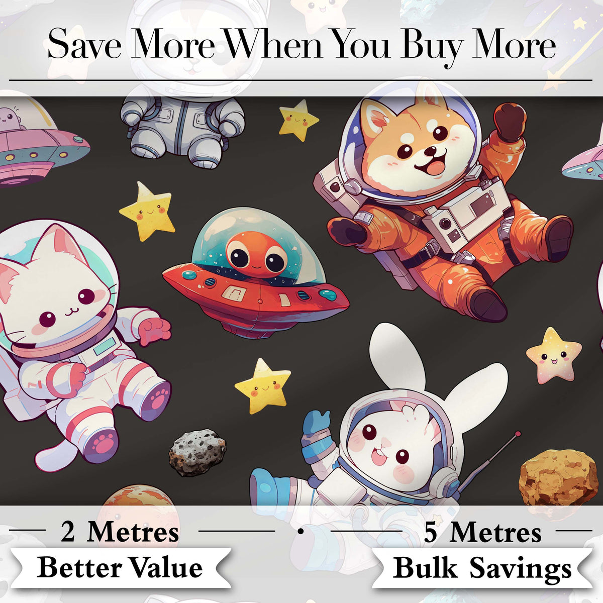 Space Animals Astronaut Dog Bunny UFO Stars Seamless  Dark Background Digital Print Fabric by the Metre UK Sewing Quilting Textile
