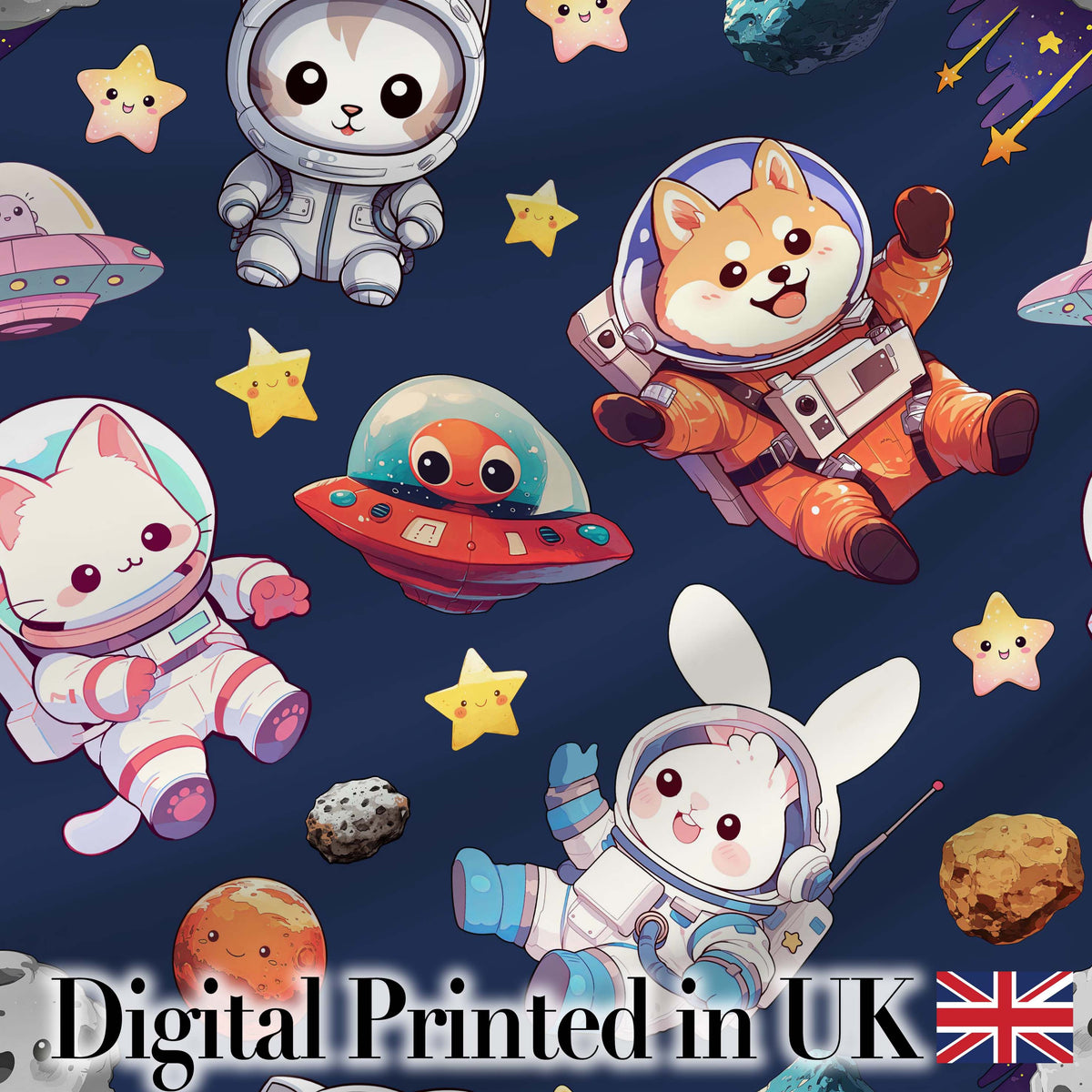 Space Animals Astronaut Dog Bunny UFO Stars Seamless  Navy Background Digital Print Fabric by the Metre UK Sewing Quilting Textile