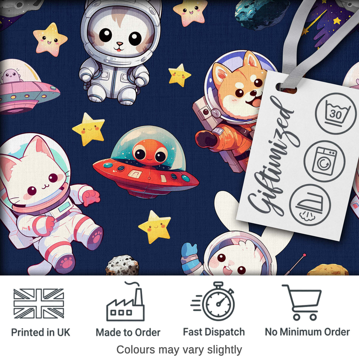 Space Animals Astronaut Dog Bunny UFO Stars Seamless  Navy Background Digital Print Fabric by the Metre UK Sewing Quilting Textile