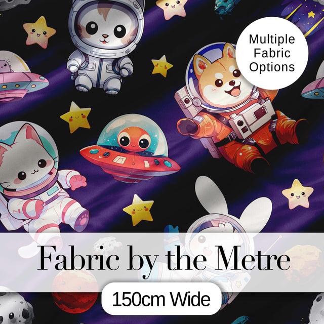 Space Animals Astronaut Dog Bunny UFO Stars Seamless  Purple Background Digital Print Fabric by the Metre UK Sewing Quilting Textile