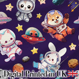 Space Animals Astronaut Dog Bunny UFO Stars Seamless  Purple Background Digital Print Fabric by the Metre UK Sewing Quilting Textile
