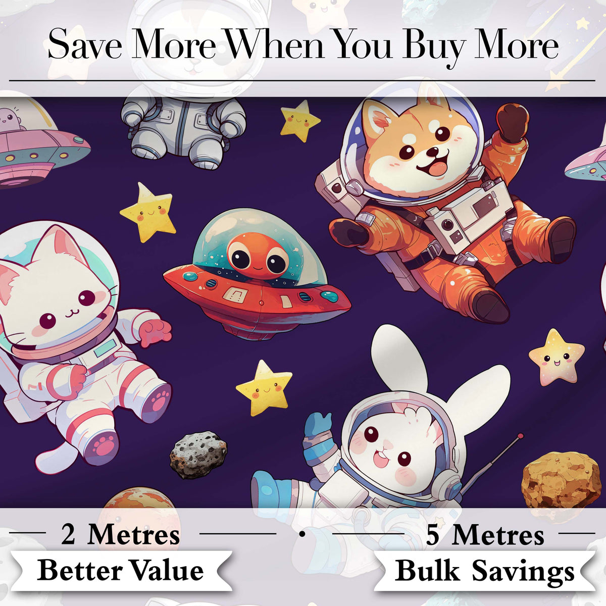Space Animals Astronaut Dog Bunny UFO Stars Seamless  Purple Background Digital Print Fabric by the Metre UK Sewing Quilting Textile