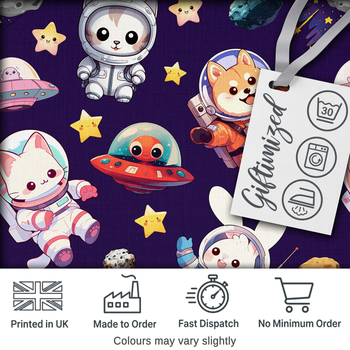 Space Animals Astronaut Dog Bunny UFO Stars Seamless  Purple Background Digital Print Fabric by the Metre UK Sewing Quilting Textile